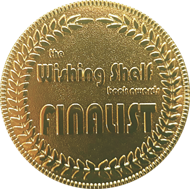 Close-up view of a golden coin with embossed text that reads 'the Wirhing Shelf book award FINALIST' surrounded by a decorative leaf pattern.