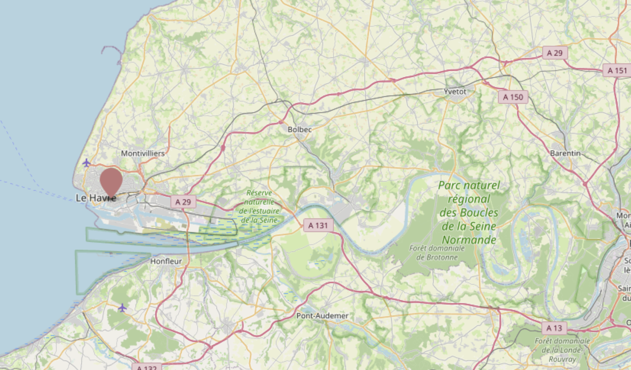Carte de la région autour de Le Havre, en France, avec des routes, des forêts et le parc naturel régional des Boucles de la Seine Normande indiqués.