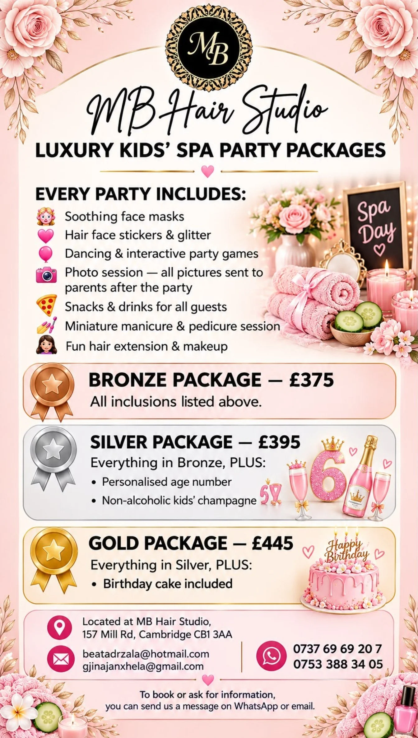 Pink-themed flyer for MB Hair Studio promotional packages, featuring floral decorations, a pink birthday cake, candles, and contact information.