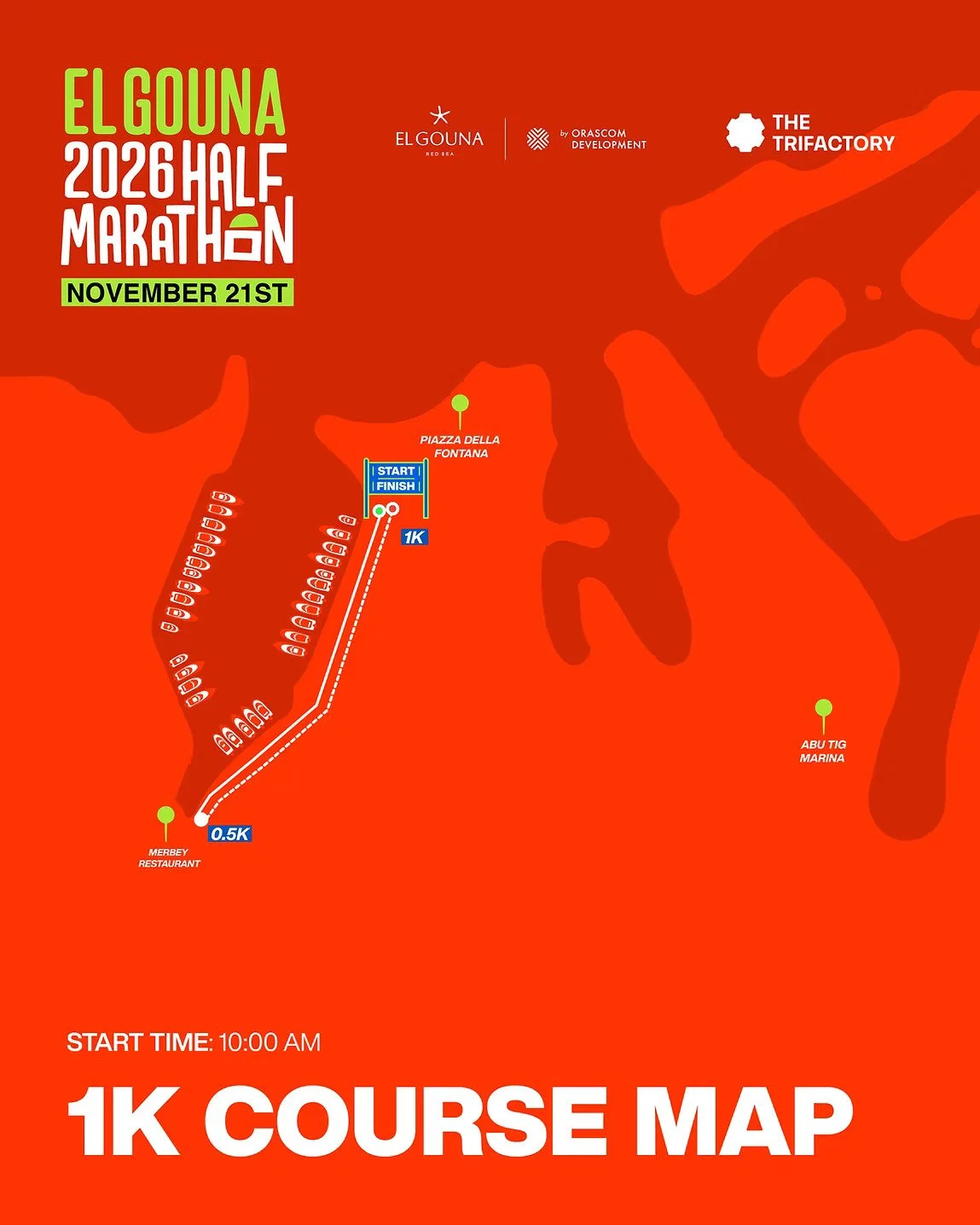 Map of the 2026 Half Marathon in El Gouna, Egypt, scheduled for November 21st. The course starts at Merbey Restaurant and ends at Piazza Della Fontana, passing through Abu Tig Marina. The map highlights the 1K, 0.5K, and finish lines, with a start time of 10:00 AM.