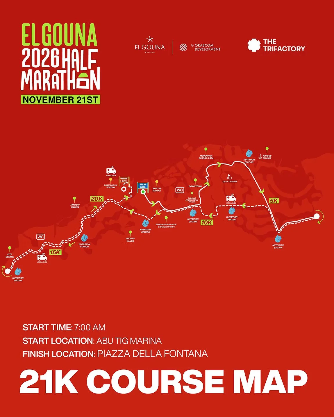 Map of the El Gouna 21K Half Marathon course on November 21st, 2026, showing start at Abu Tig Marina and finish at Piazza Della Fontana, with distance markers at 5K, 10K, 15K, and 20K, including water stations, aid stations, and various landmarks along the route.