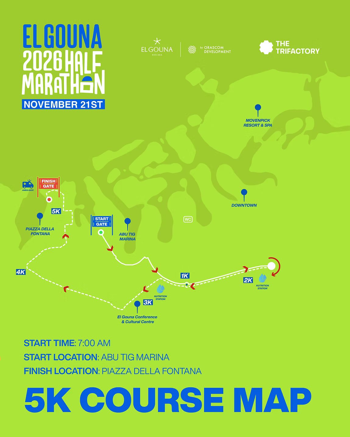 Map of the El Gouna Half Marathon route in Egypt, showing starting point at Abu Tig Marina, various water stations, nutrition stations, and the finish line at Piazza Della Fontana on November 21st.