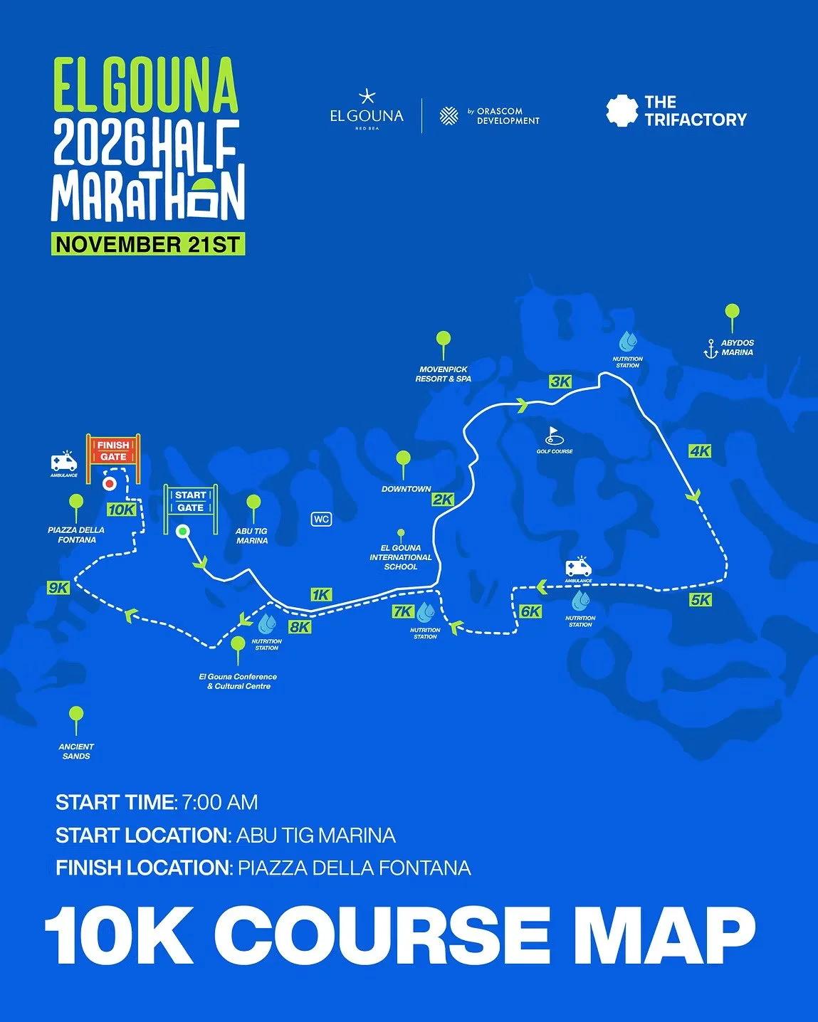 Map of the El Gouna 2026 Half Marathon 10K course, showing start at Abu Tig Marina and finish at Piazza Della Fontana, with water stations, medical aid, and various landmarks along the route, scheduled for November 21st.