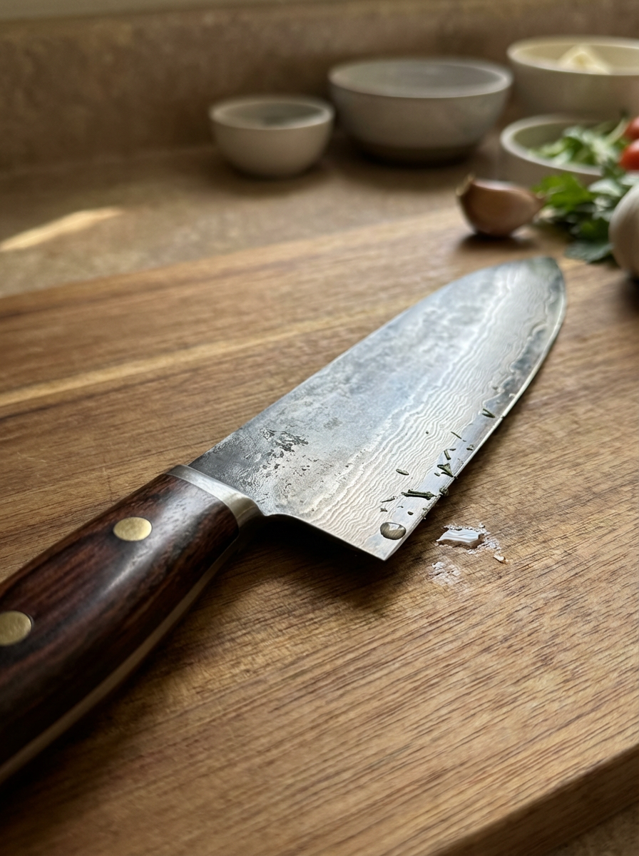 Kochmesser liegt auf einem Holztisch, im Hintergrund Schalen mit Zutaten und Knoblauch.