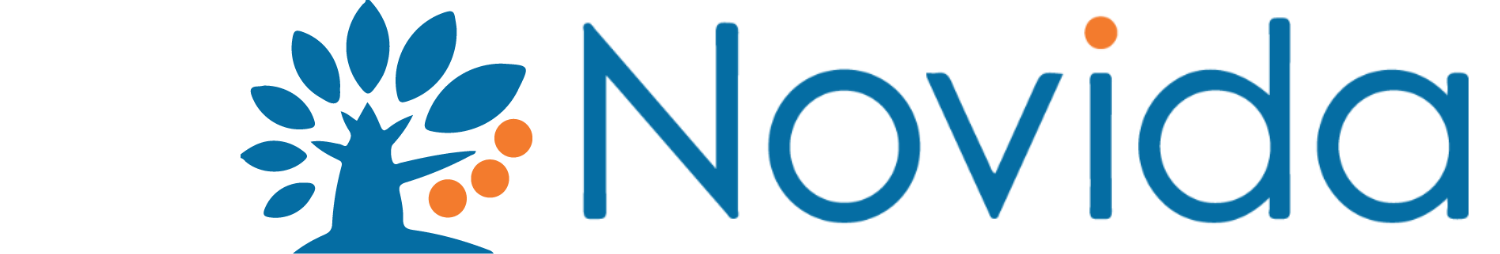 Grafiikka Novida-yrityksen logosta, Loimaalla toimiva koulu- ja opintoalan yritys, Taikuri Frimodigin asiakkaista.