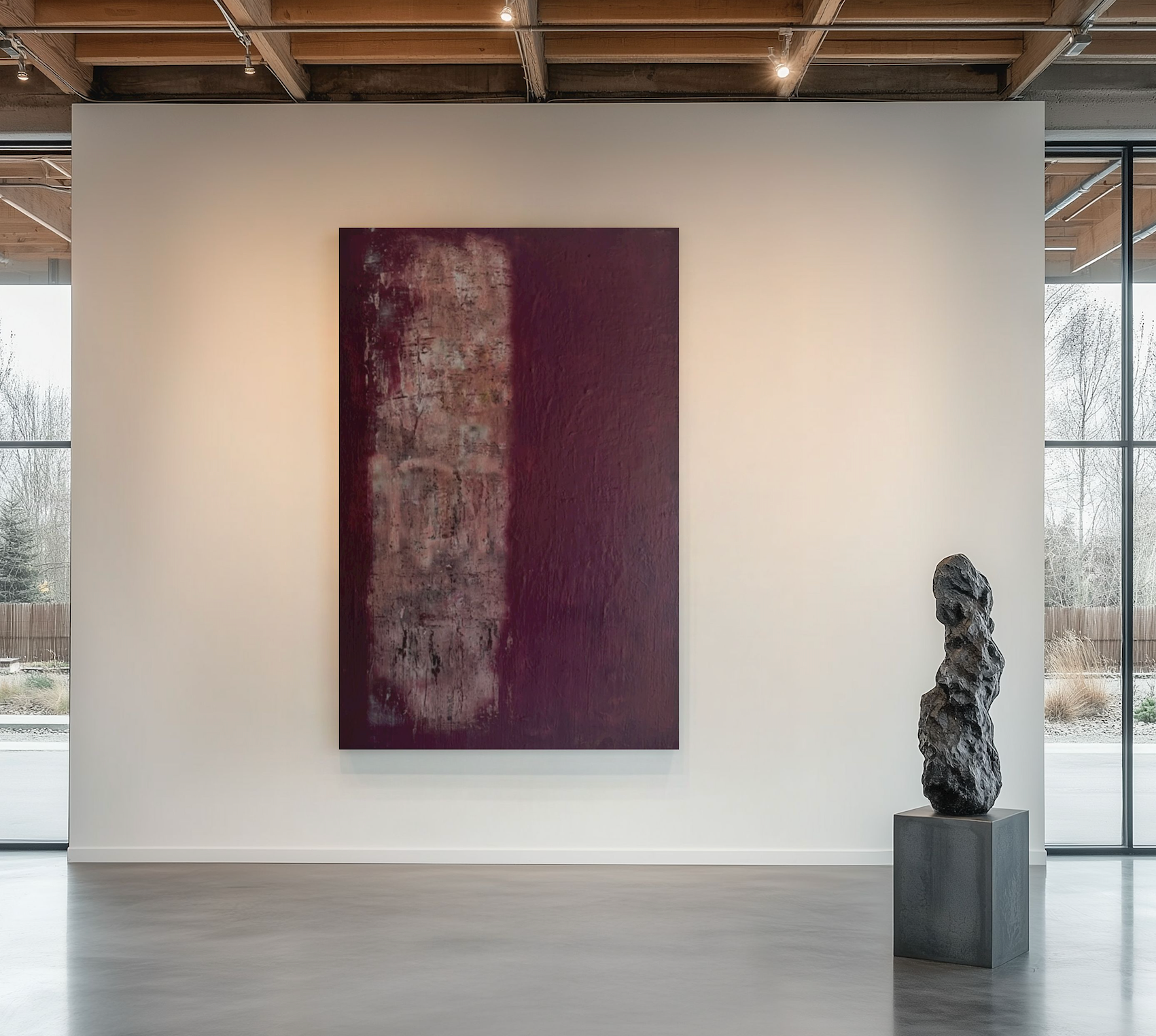 Large abstract painting Sombras del Pasado by Dutch artist Léonce Lemmens. Monumental 100x140cm fine art canvas featuring deel, dark tones.