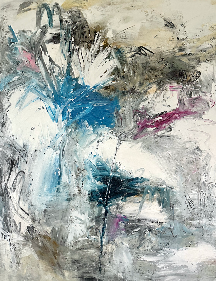 Abstract floral painting The Power of the Flower by Léonce Lemmens. Modern artwork 100x120cm, featuring an exploding flower shap in blue, turquoise and black.