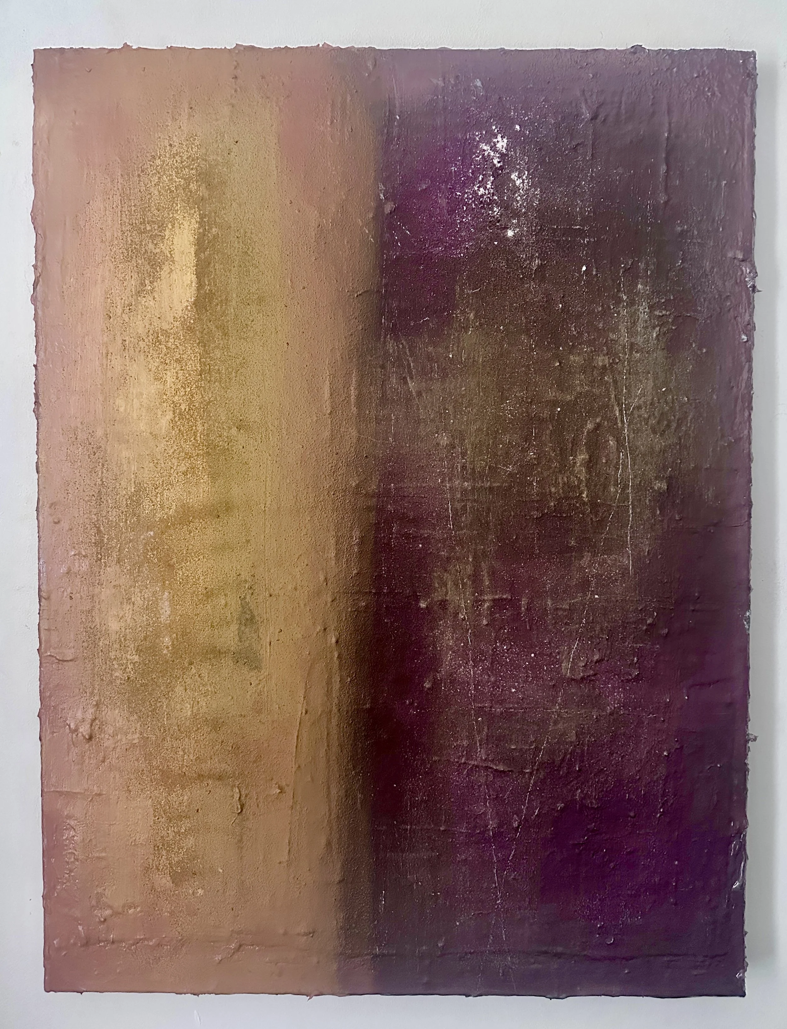 Vertical abstract expressionist painting titled 'Twilight Zone' by abstract painter Léonce Lemmens, featuring a textured golden ochre left side and a deep brown-purple right side on a 60x80cm canvas.