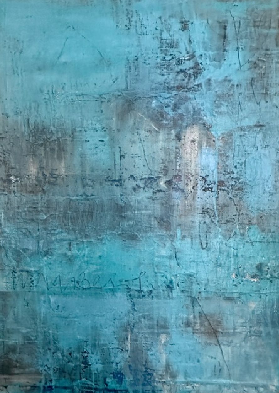 Boho Mystique  by Léonce Lemmens - Abstract turquoise, grey and black painting, 60x80 cm|