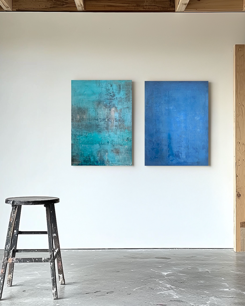 Diptich Solitude in Blue & Boho Mystique by Léonce Lemmens - Abstract paintings, 60x80 cm
