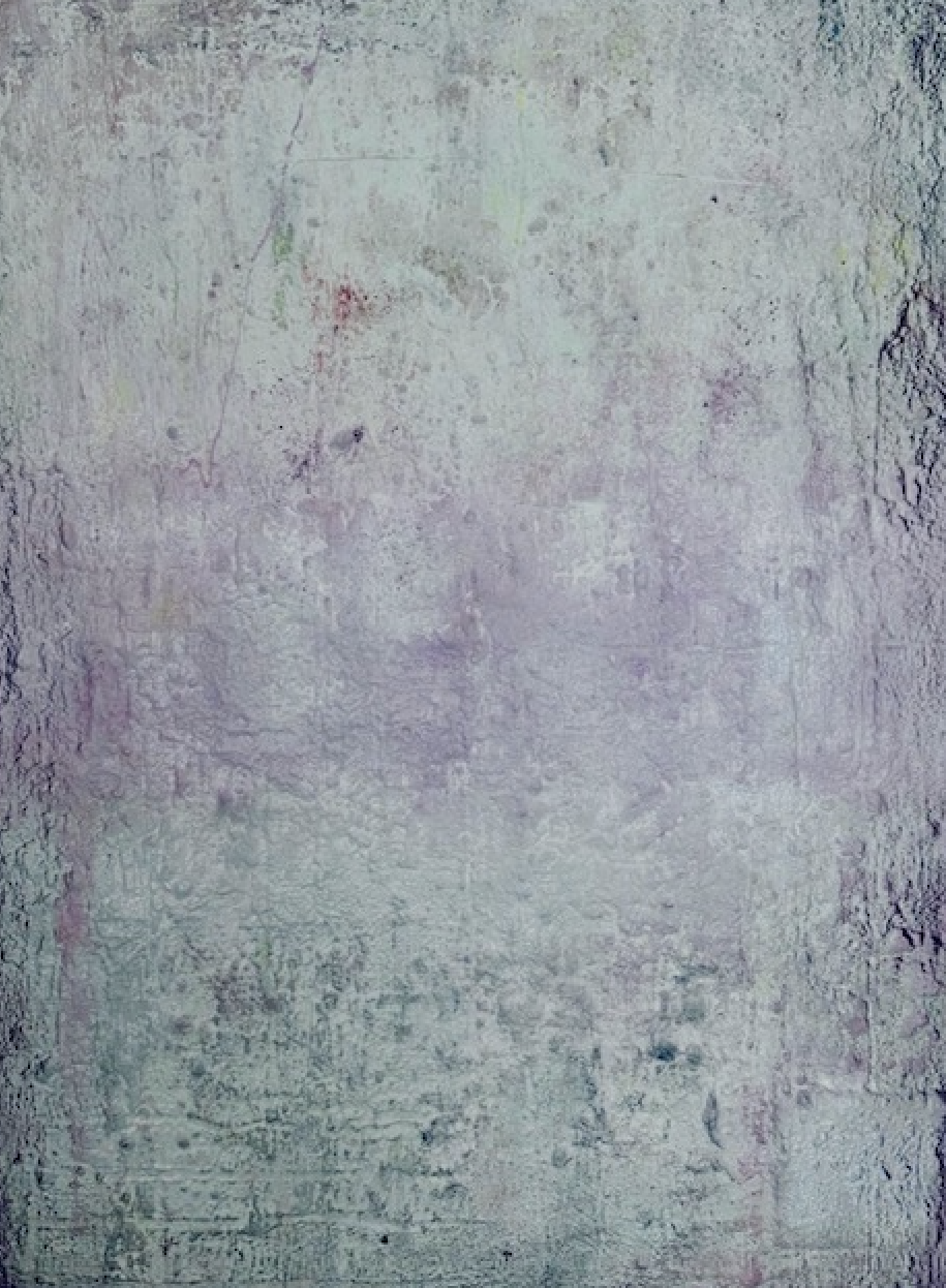 Patina | textured mixed media painting in misty grey with copper edges by Léonce Lemmens