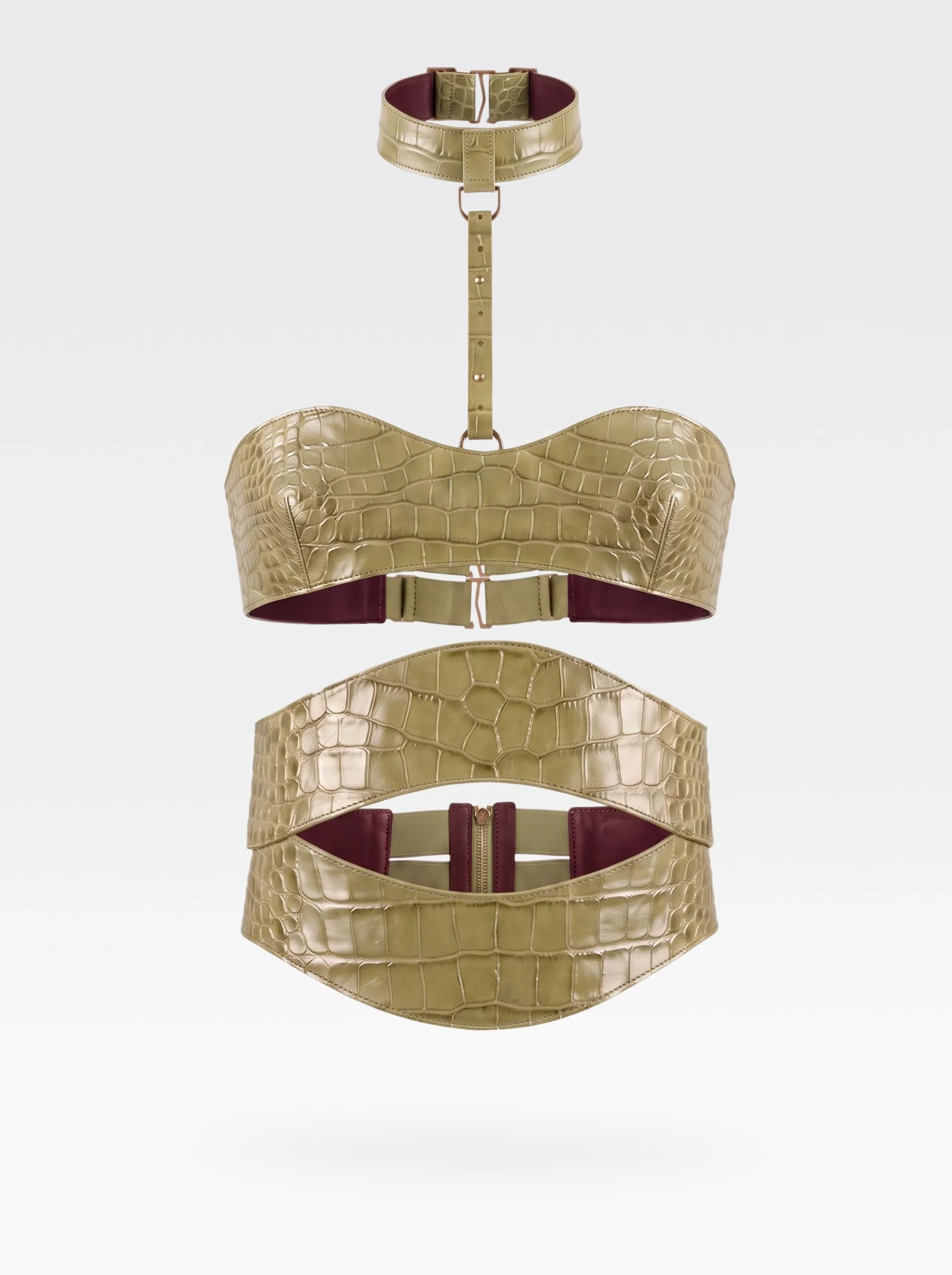 Sainte Sve V.N.V Croc in pistachio crocodile-embossed lambskin with pistachio elastic bands and zip, front view
