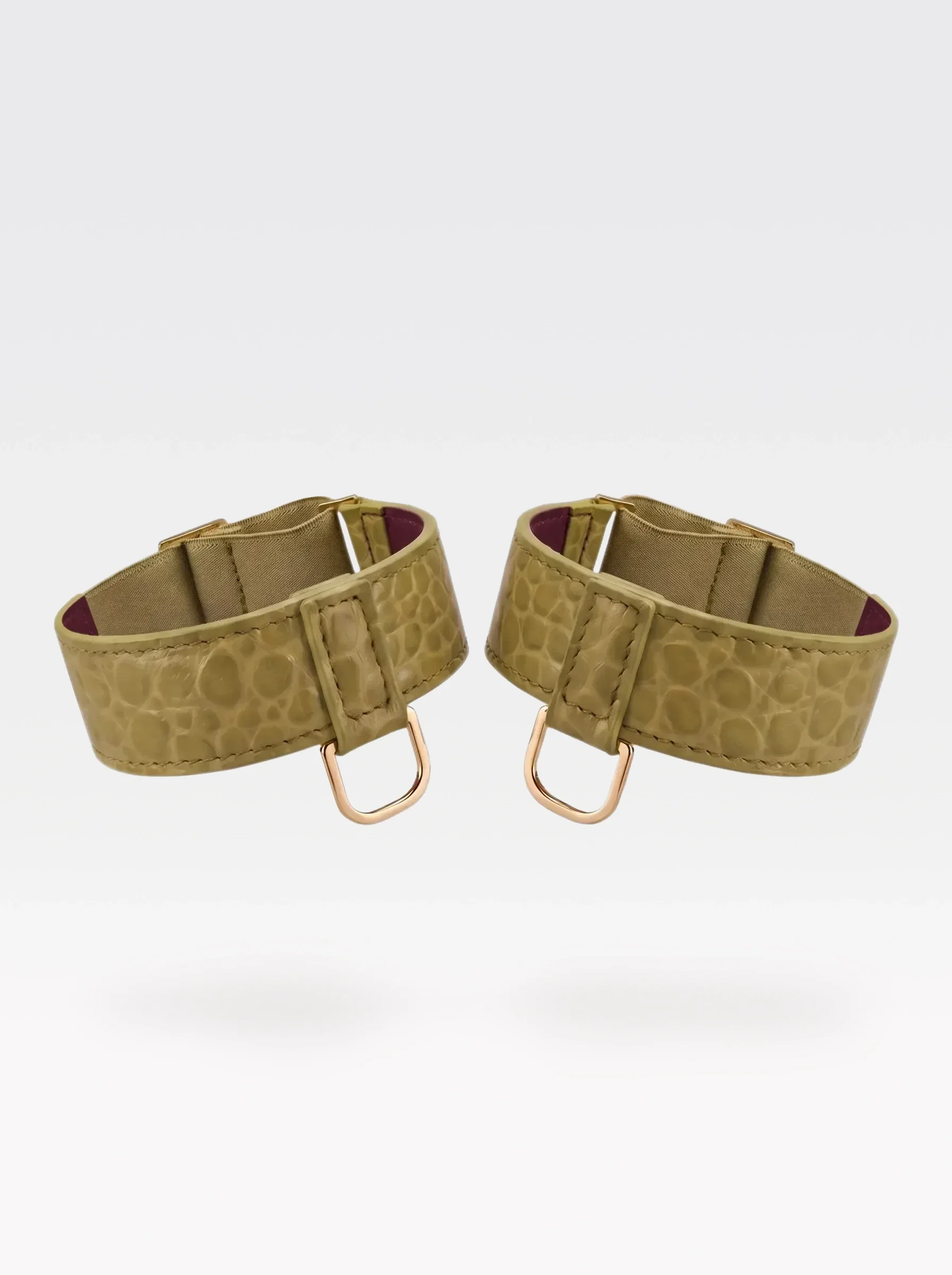 Sainte Sve Arm Bracelets Croc in pistachio crocodile-embossed lambskin with burgundy nappa lambskin lining and 24K gold-plated brass hardware, front view