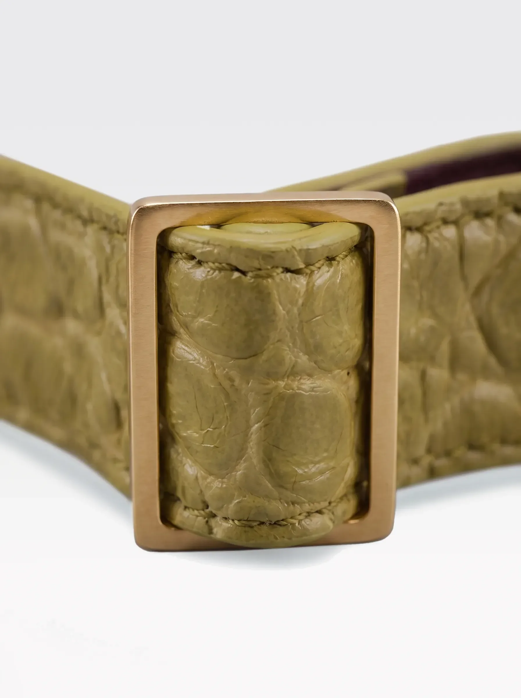 Close-up of the 24K gold-plated brass slider on the pistachio crocodile-embossed lambskin of a Sainte Sve Choker Croc