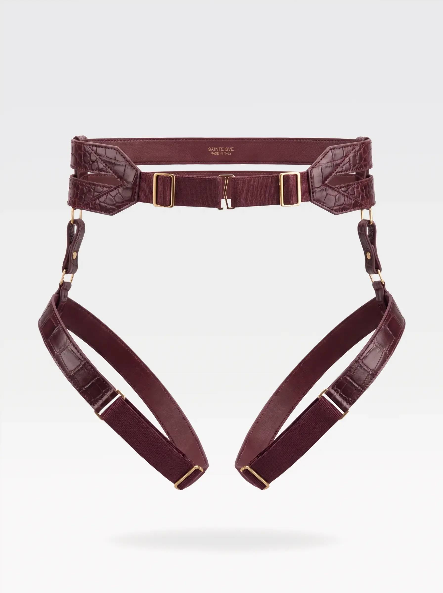 Sainte Sve Belt Plus Croc in burgundy crocodile-embossed lambskin with burgundy nappa lambskin lining and 24K gold-plated brass hardware, back view