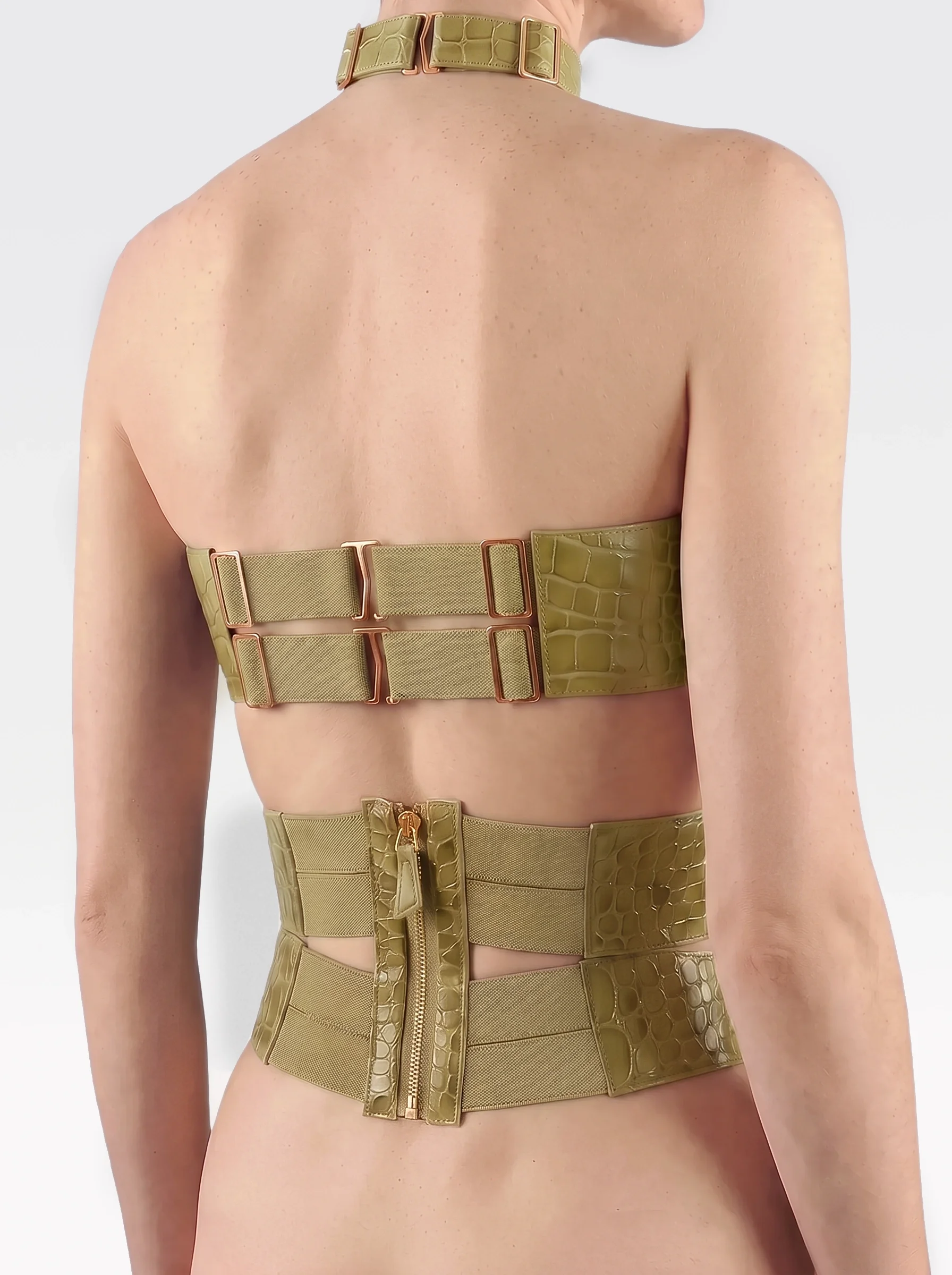 Sainte Sve V.N.V Croc in pistachio crocodile-embossed lambskin with pistachio elastic bands and zip, worn from neck to waist, back view
