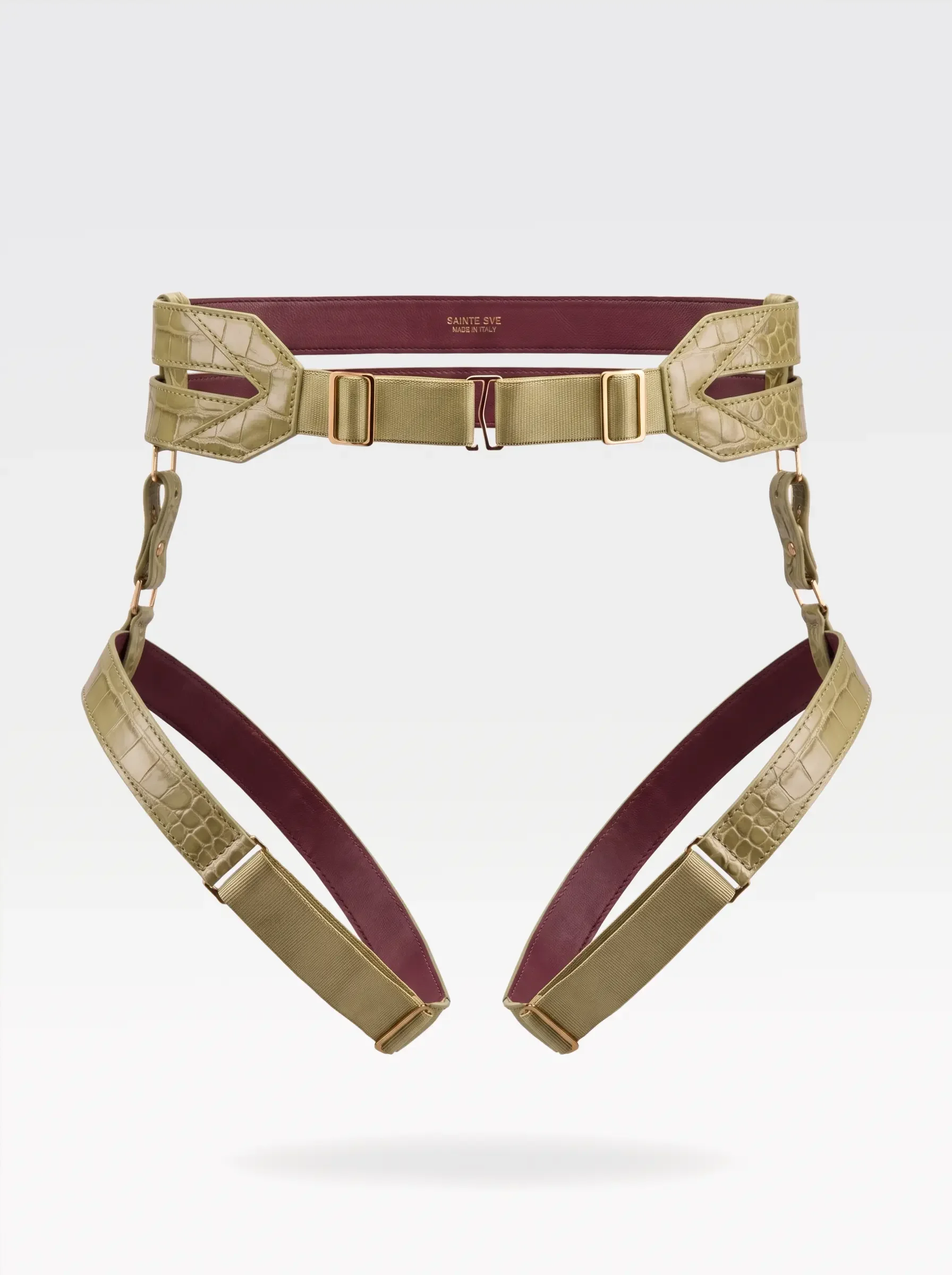 Sainte Sve Belt Plus Croc in pistachio crocodile-embossed lambskin with burgundy nappa lambskin lining and 24K gold-plated brass hardware, back view