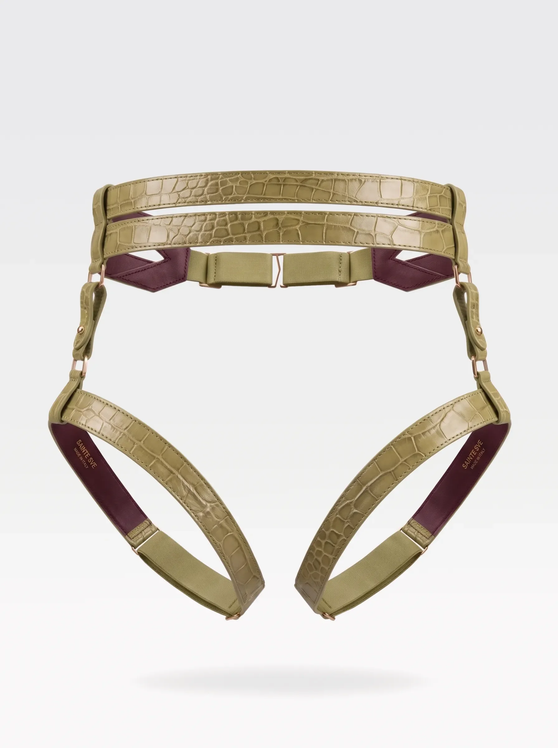 Sainte Sve Belt Plus Croc in pistachio crocodile-embossed lambskin with burgundy nappa lambskin lining and 24K gold-plated brass hardware, front view