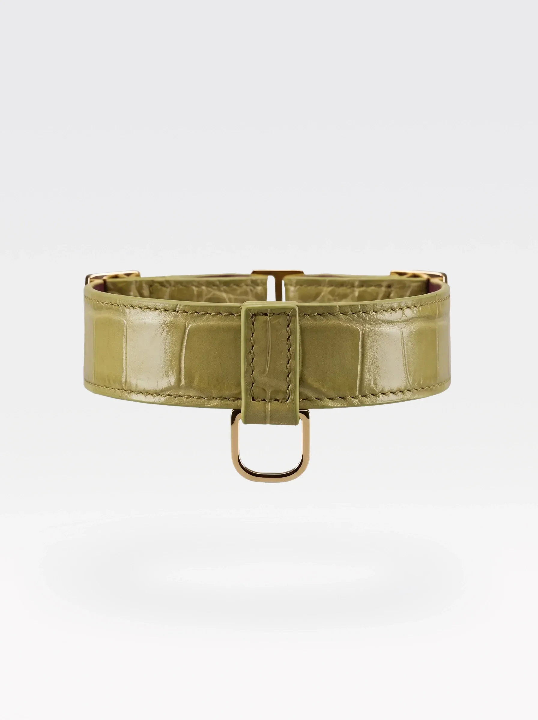 Sainte Sve Choker Croc in pistachio crocodile-embossed lambskin with burgundy nappa lambskin lining and a 24K gold-plated brass D ring, front view