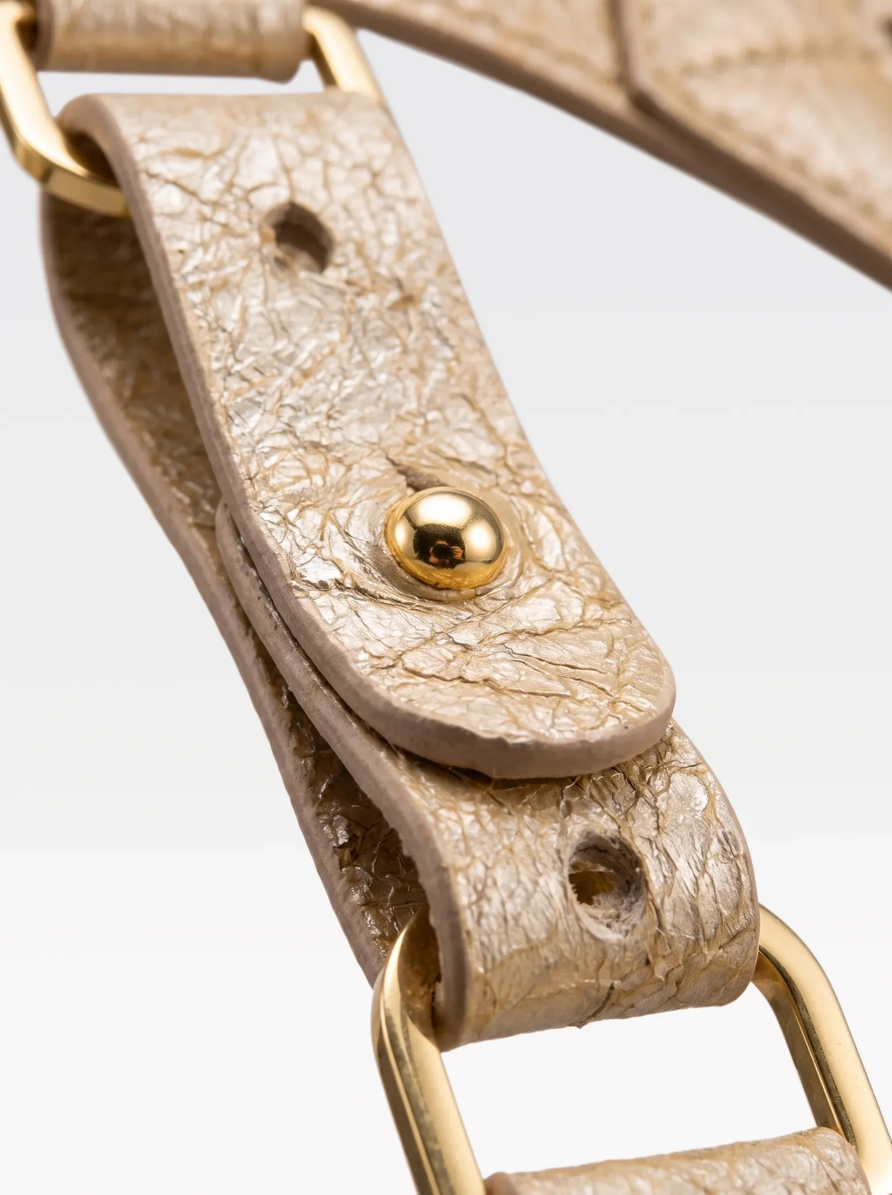 Close-up of the 24K gold-plated brass connector rivet and D ring on the gold laminated lambskin strap of the Sainte Sve Belt Plus Laminated