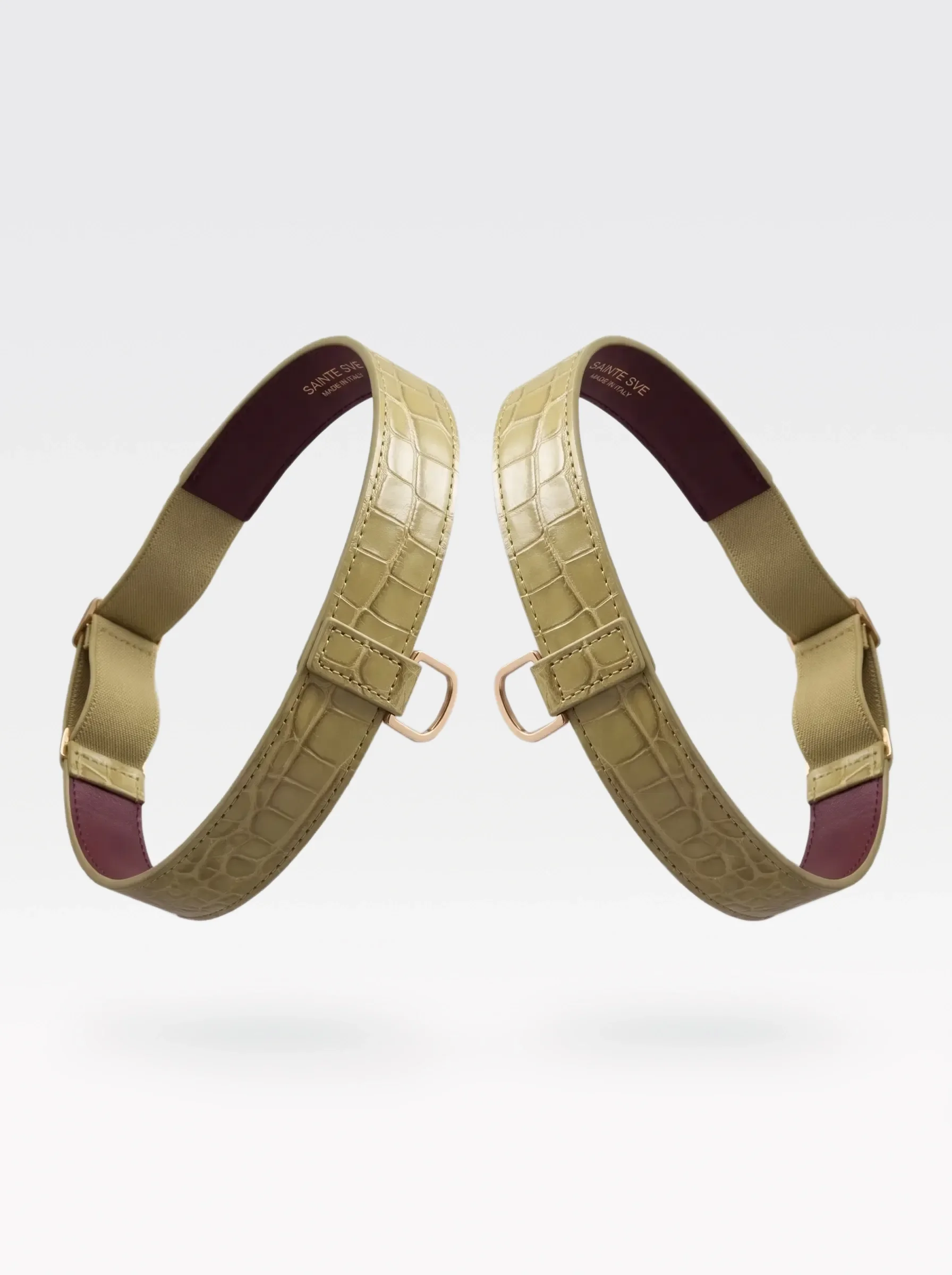 Sainte Sve Garters Croc in pistachio crocodile-embossed lambskin with burgundy nappa lambskin lining and 24K gold-plated brass hardware, front view