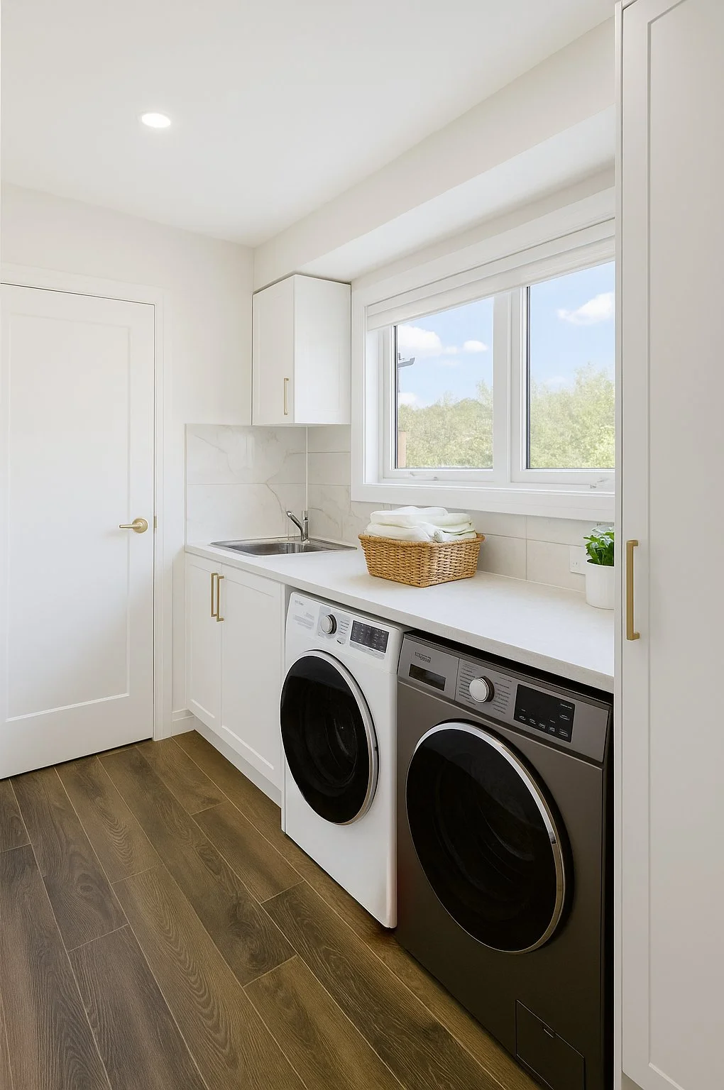 Custom laundry joinery out of Polytec Thermolaminated Polar White in Ascot profile.