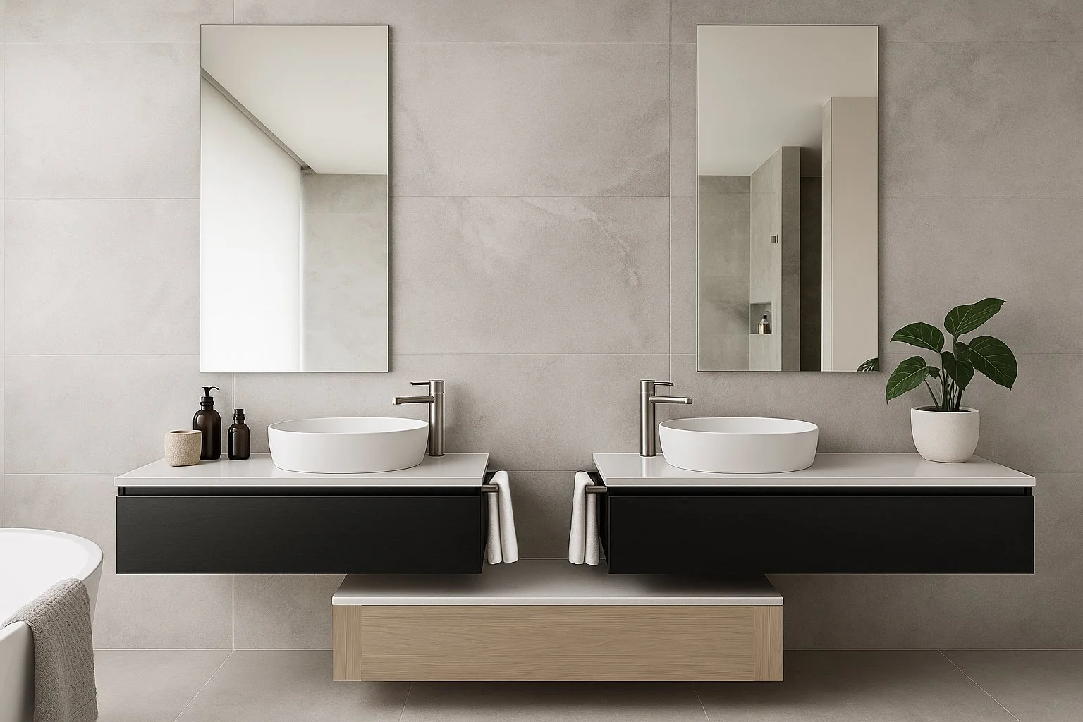 Custom wall-mounted bathroom vanity with dark cabinetry, twin vessel basins and stone benchtop.
