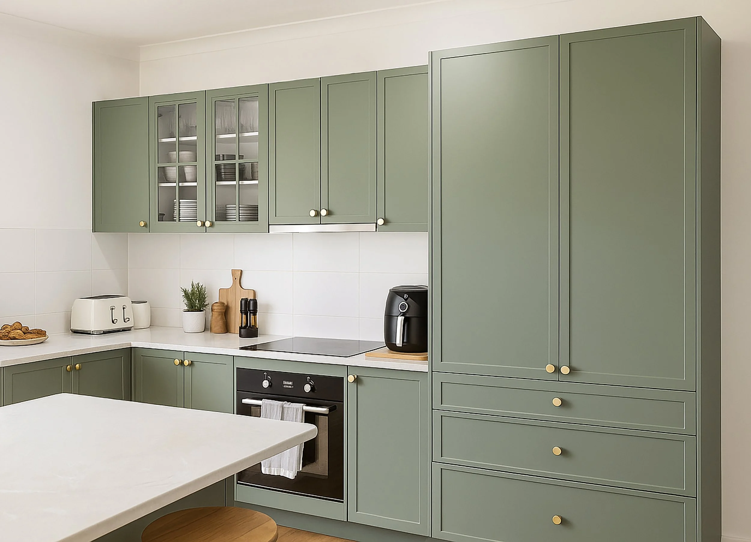 Custom kitchen in Polytec Topiary Smooth with detailed cabinetry and glass display doors.