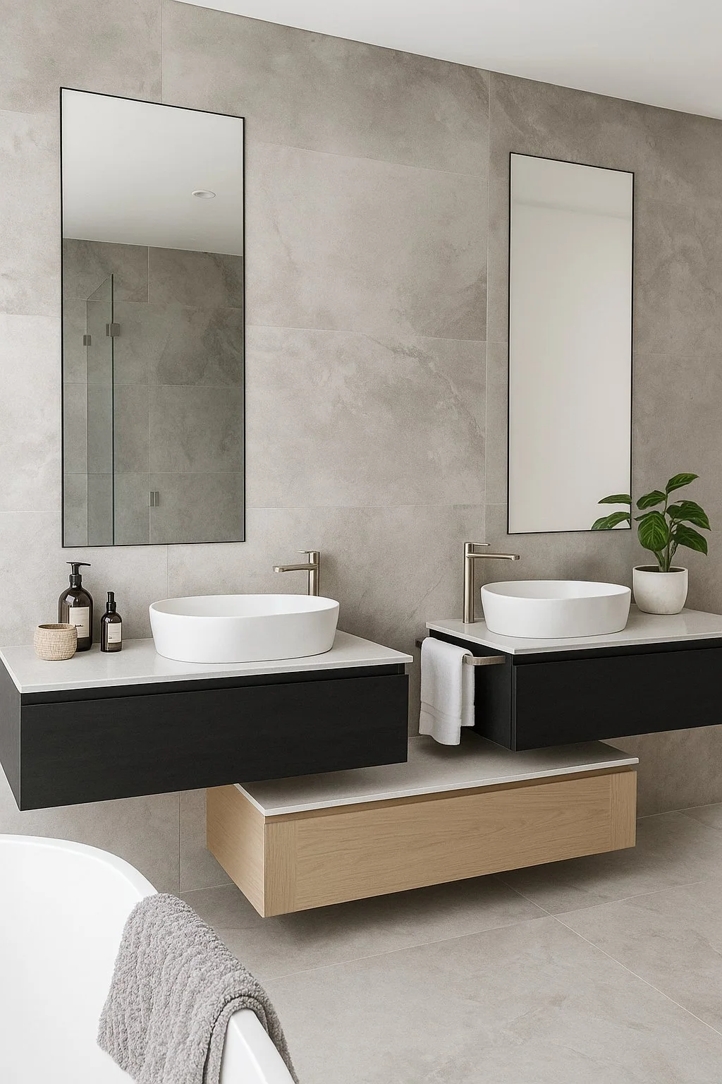 Custom Black Ply and Boston Oak Woodmatt wall-mounted bathroom vanities with vessel basins and stone benchtops.