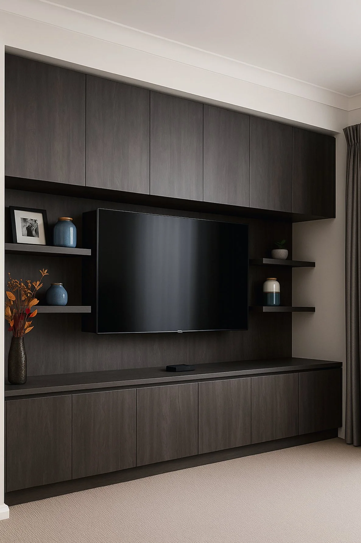 Custom media joinery in Polytec Perugian Walnut Woodmatt with built-in cabinetry and shelving.