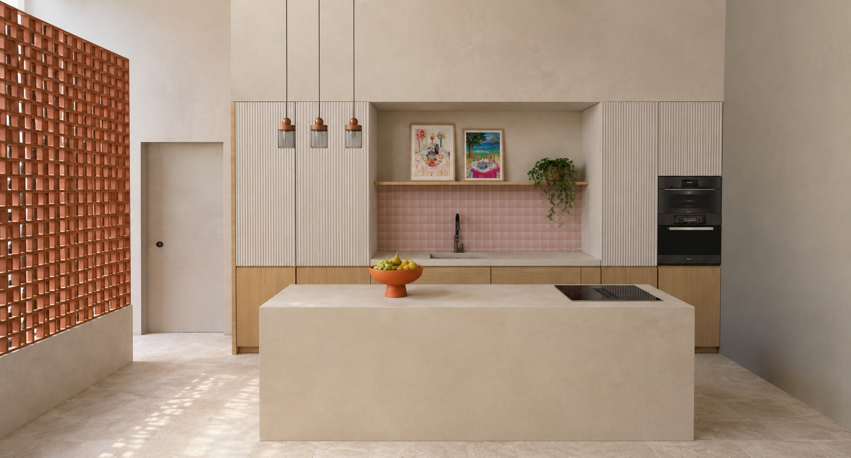 Cuisine contemporaine avec îlot central en pierre et aménagement sur mesure, pensée dans une cohérence globale de matériaux et de couleurs.