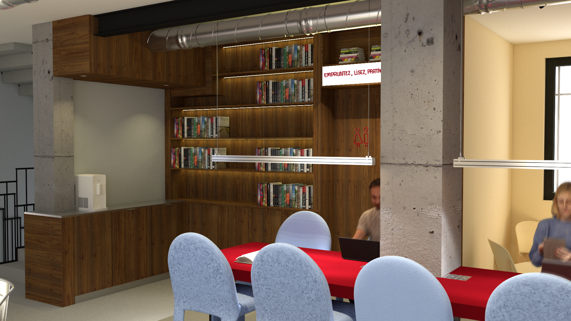 Espace de réunion et coworking du projet Sans Filtre, pensé pour favoriser les échanges et la convivialité.