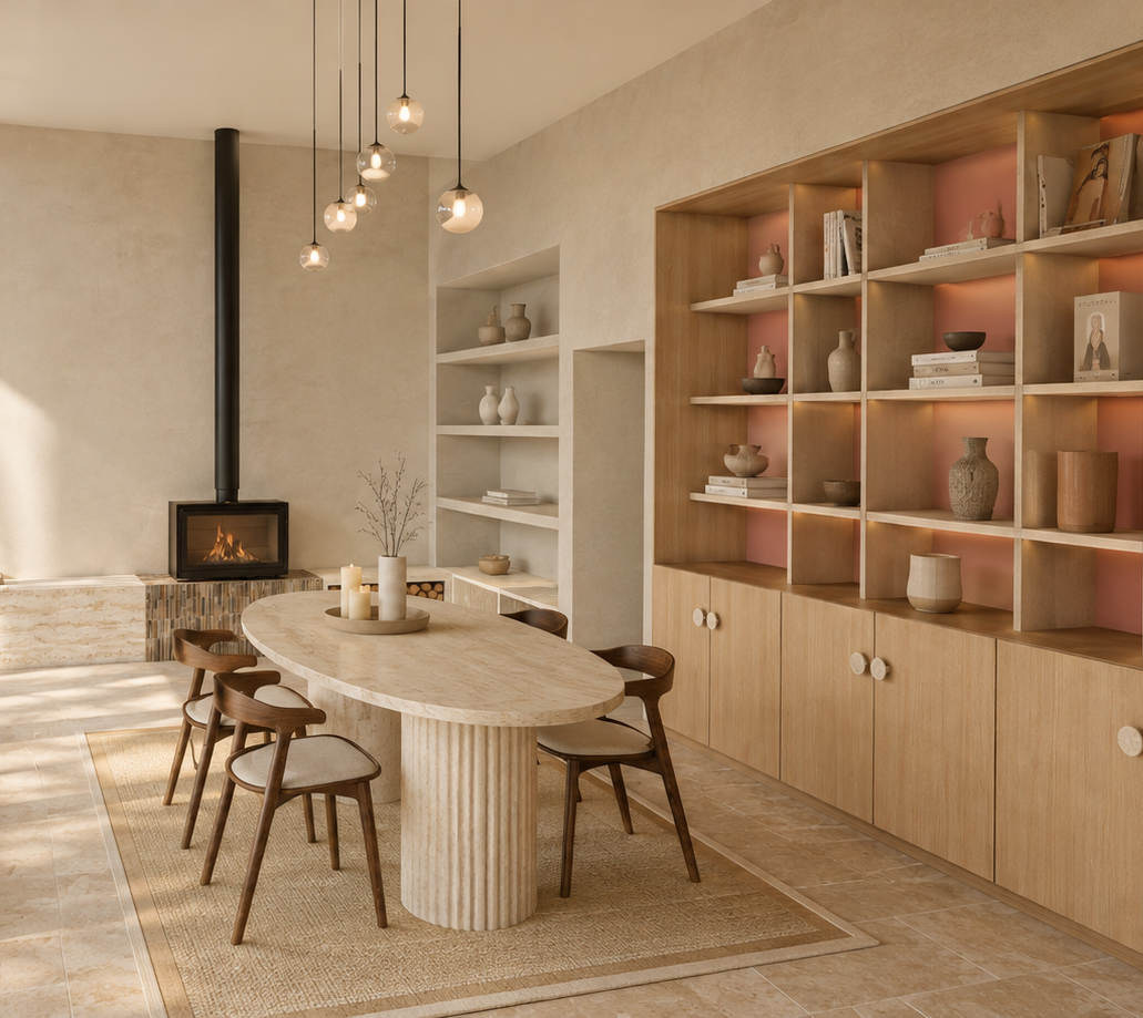 Salle à manger avec table en bois, cheminée et bibliothèque intégrée.