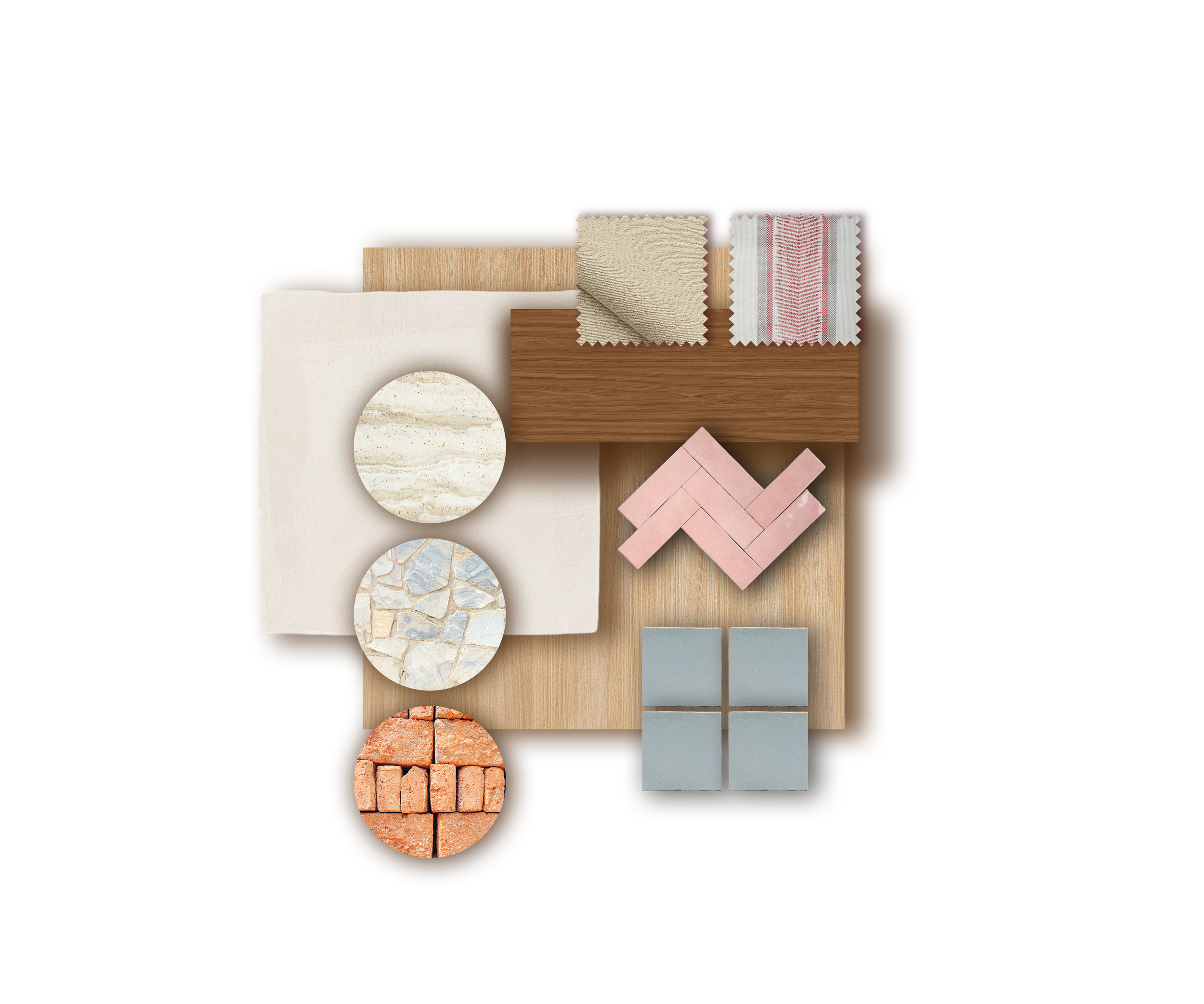 Sélection de matériaux et de textures pour un projet d’architecture intérieure.