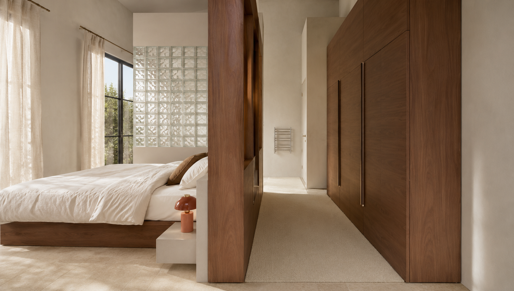Chambre contemporaine avec rangements, dressing sur mesure et matériaux naturels.