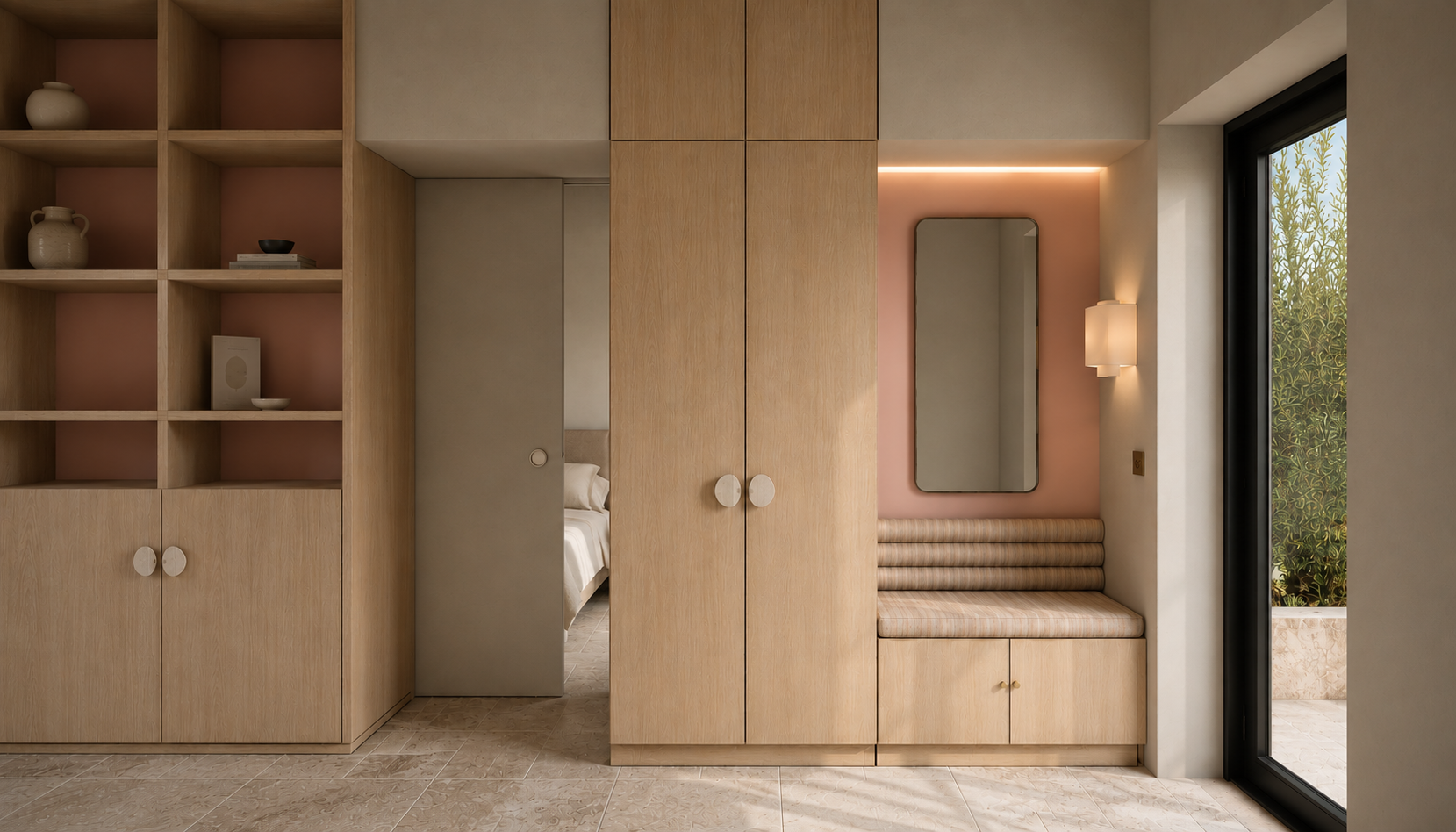Aménagement intérieur contemporain associant rangements sur mesure, matériaux naturels et lumière.