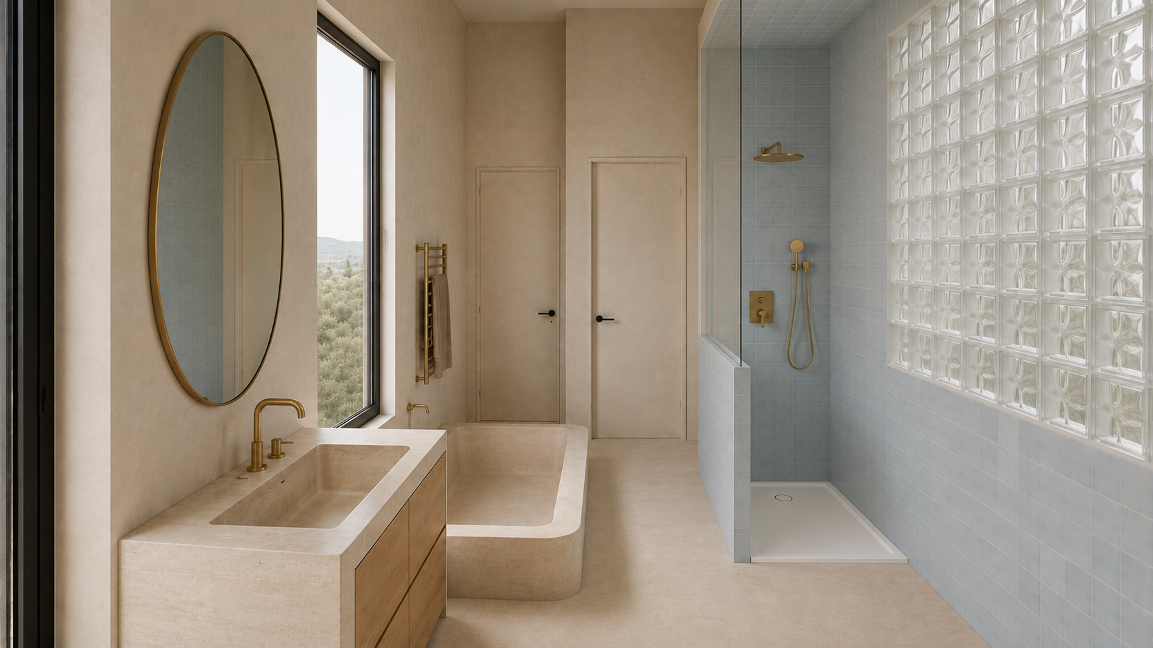 Salle de bain moderne avec lavabo en pierre, grande baignoire, miroir ovale, fenêtre avec vue sur la nature, coin douche avec murs en carreaux bleus et parois en verre, éléments en finition or.
