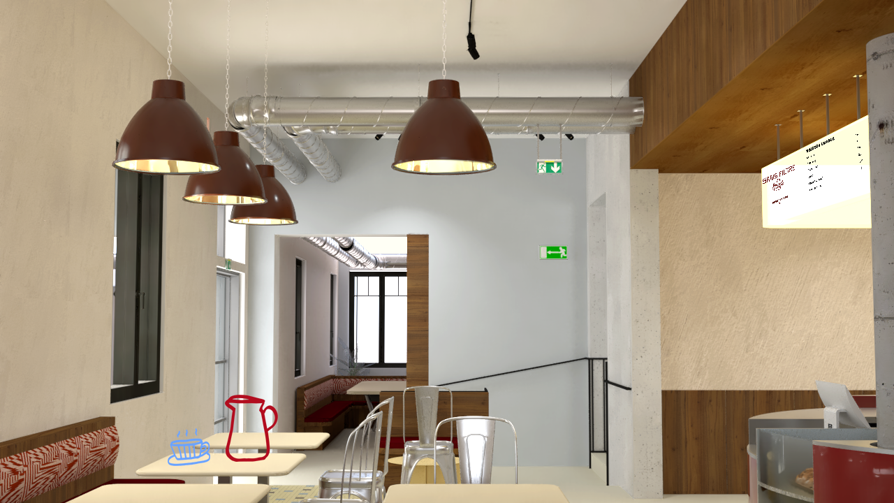 Espace de café contemporain intégrant architecture intérieure, signalétique et expérience client.