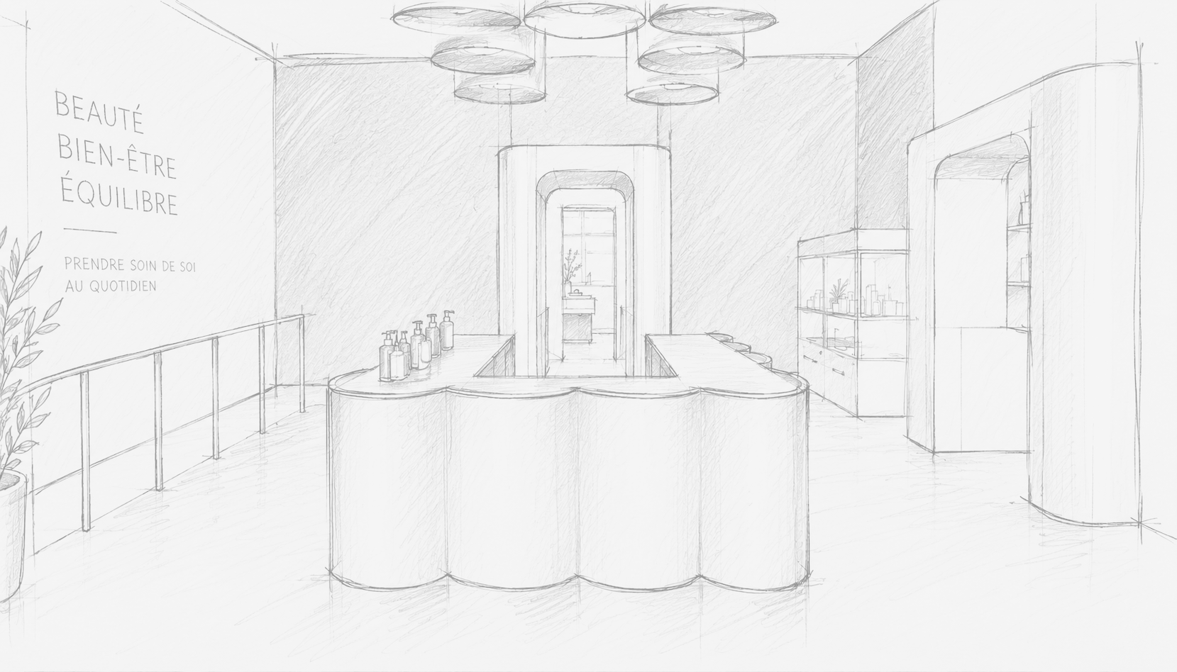 Croquis d’aménagement intérieur d’un espace bien-être intégrant l’identité et le langage de marque. Projet d'un salon de bien-être en cours de conception.