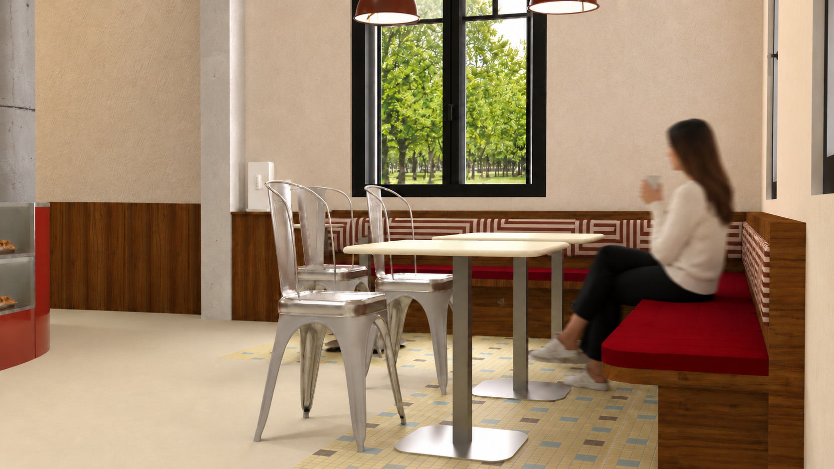 Espace de café pensé pour favoriser les usages, les rencontres et l’expérience des visiteurs.