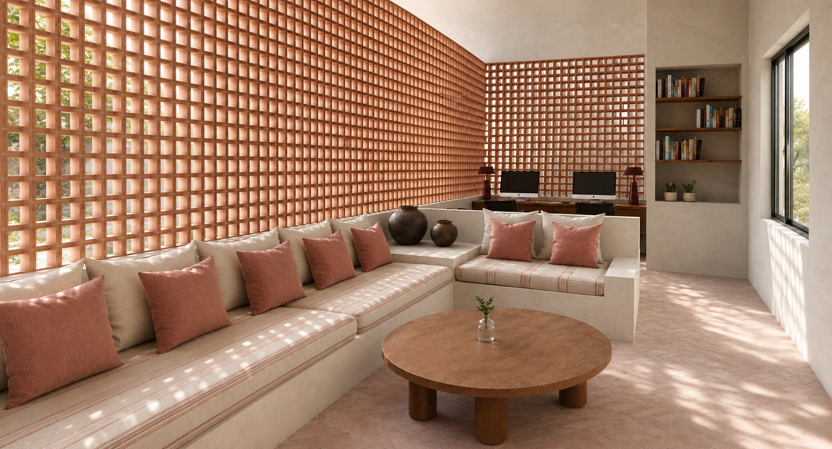 Salon contemporain conçu autour de matériaux chaleureux, d’un aménagement sur mesure et d’espaces dédiés aux différents usages.