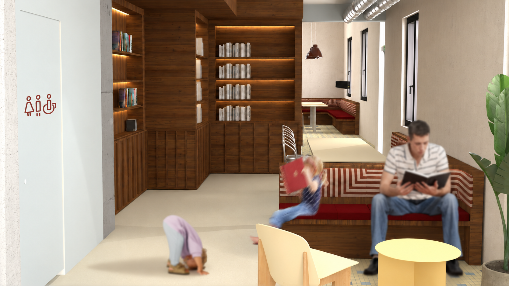 Espace bibliothèque et accueil du projet Sans Filtre, pensé pour favoriser les rencontres et les différents usages.