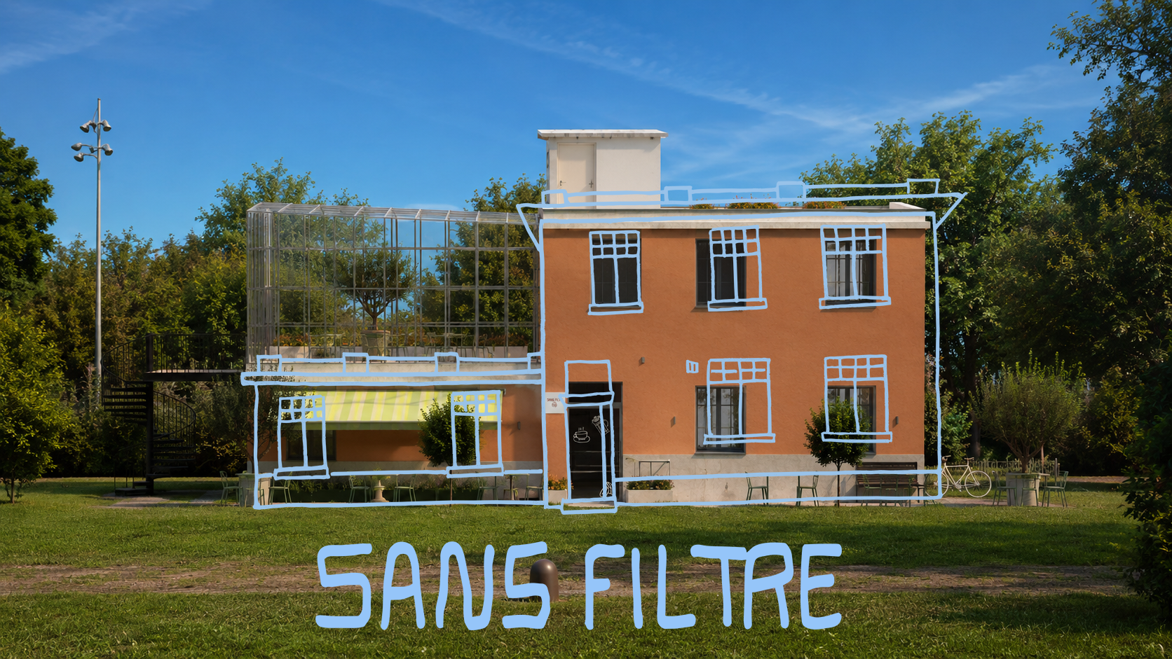 Vue extérieure du projet Sans Filtre, café-librairie conçu par MAR-KA.