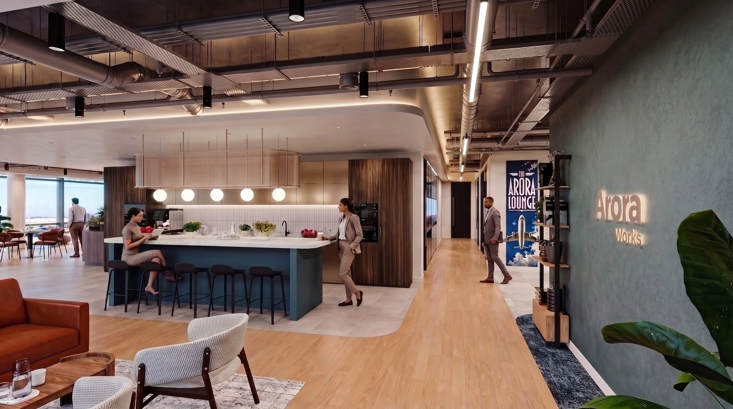 Modern office lounge area with a kitchen island, professionals walking and sitting, and signs for 'Arora Lounge' and 'Arora Works' on the wall.