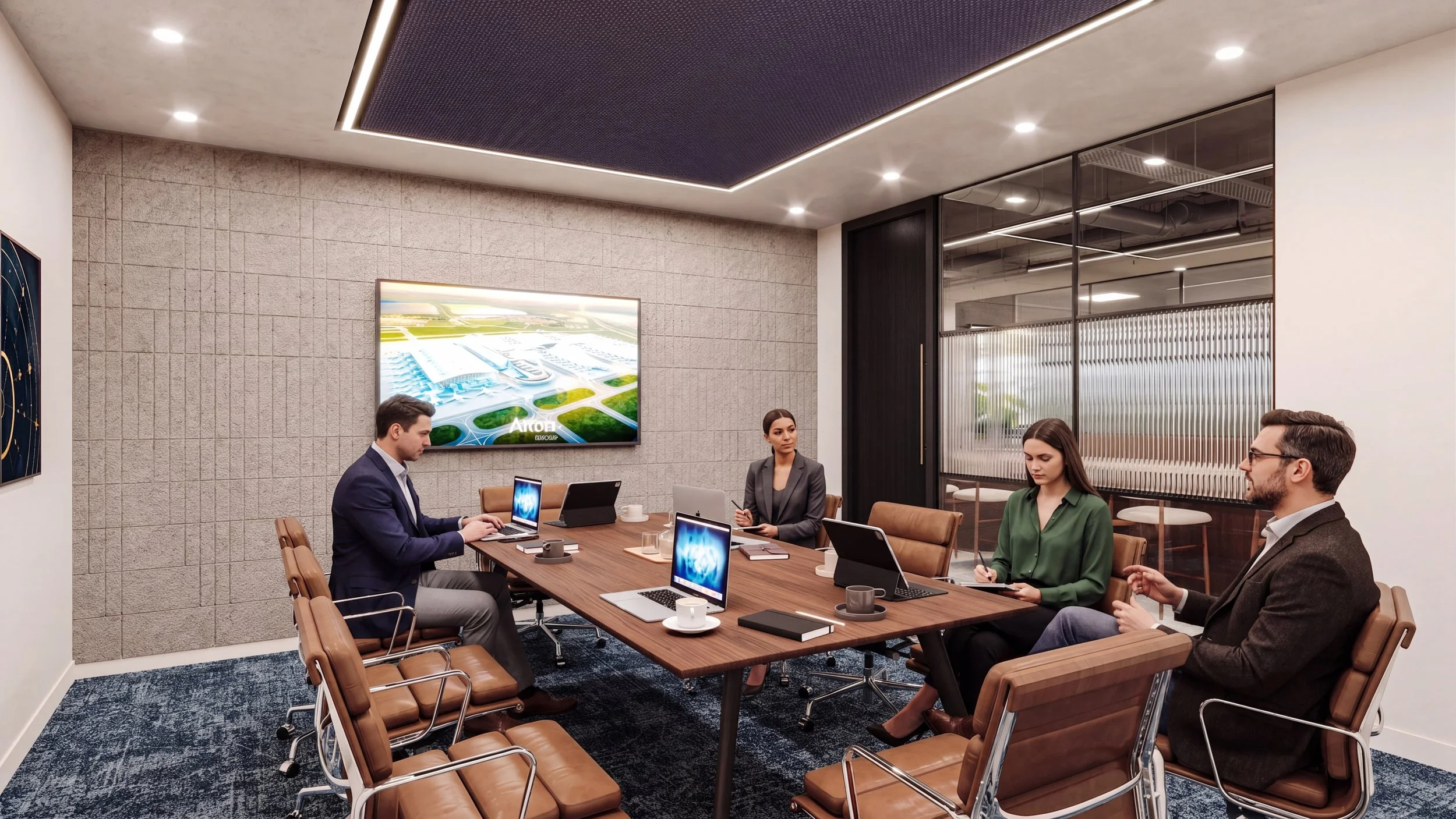 A group of five business professionals in a modern conference room, sitting around a wooden table with laptops, notebooks, and cups, engaged in a meeting. A large wall-mounted screen shows a colorful diagram or map, and the room features a textured wall, glass partitions, ceiling lights, and a navy blue ceiling panel.