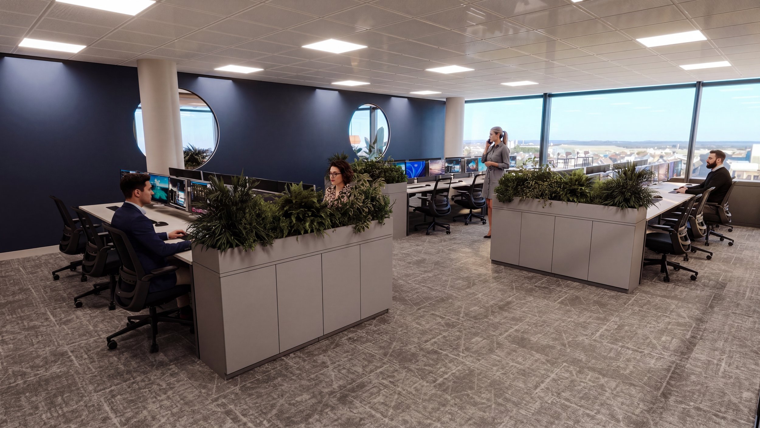 Office with people working at desks, large windows with city view, green plants, and modern decor.