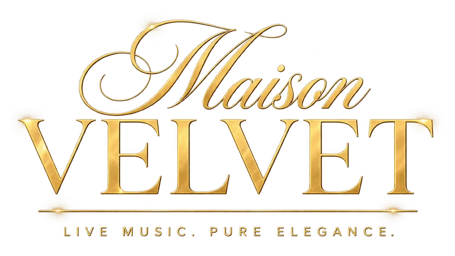 Logo doré avec le texte "Maison Vélet" en lettres cursives élégantes et "Live Music, Pure Elegance" en dessous