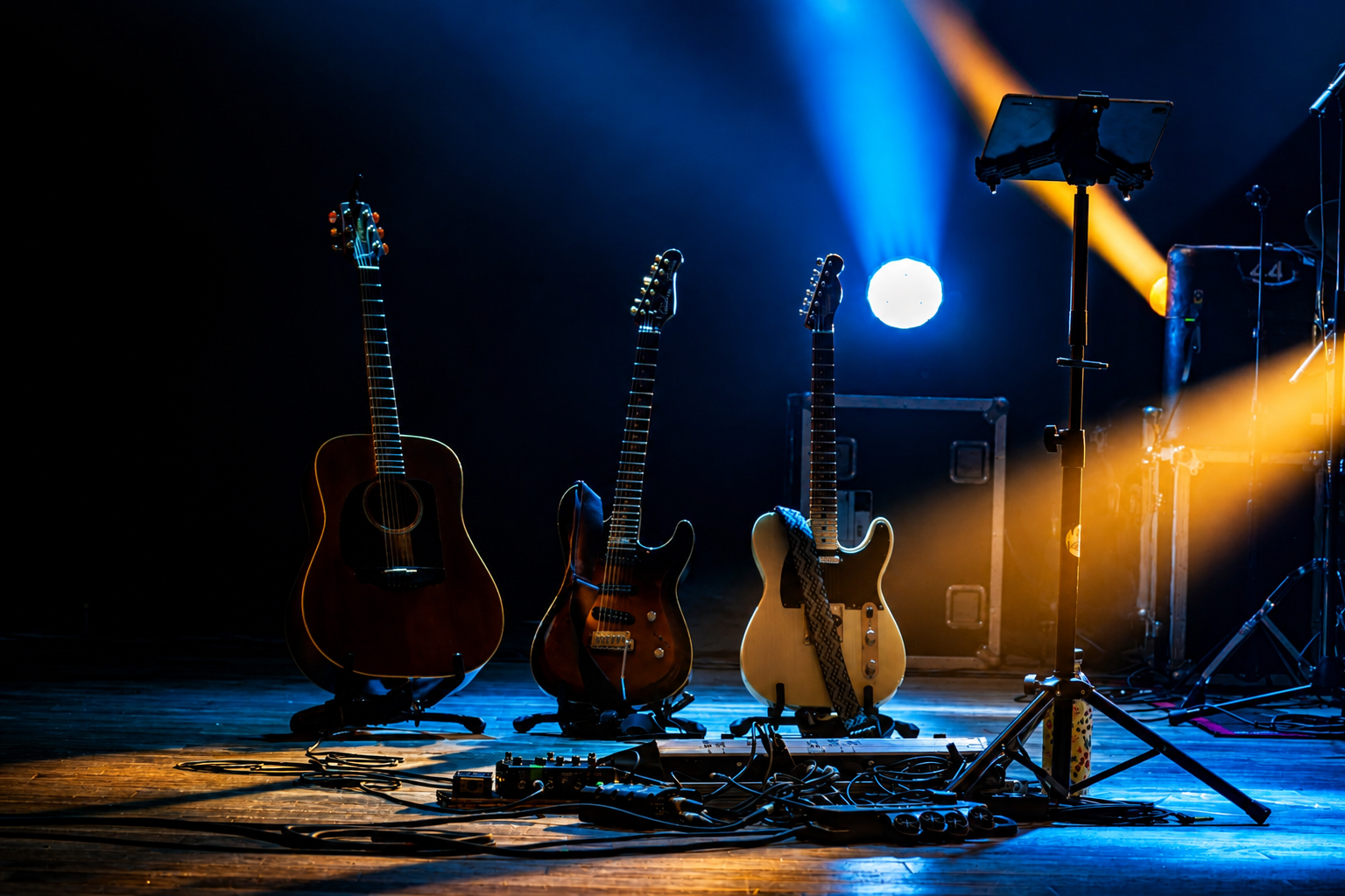 Trois guitares acoustiques et électriques sur scène avec des câbles, un pupitre à musique, et des équipements de scène, éclairés par des lumières de spectacle.
