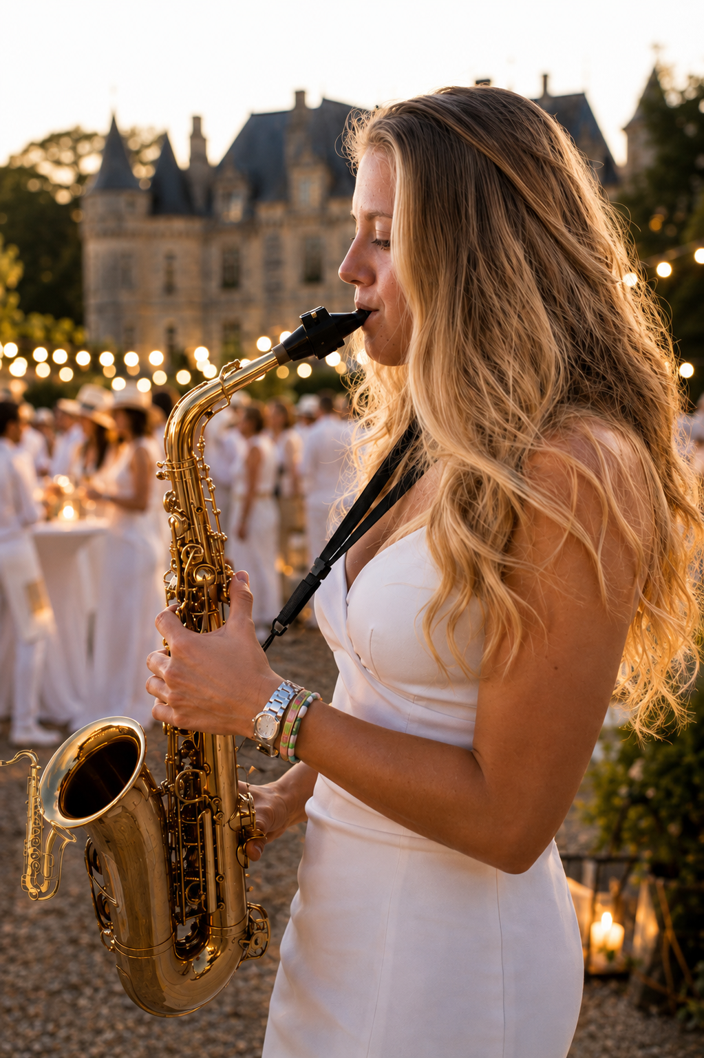 Jeune femme jouant du saxophone lors d'une fête en plein air au coucher du soleil, avec un château en arrière-plan et des gens en vêtements blancs autour.
