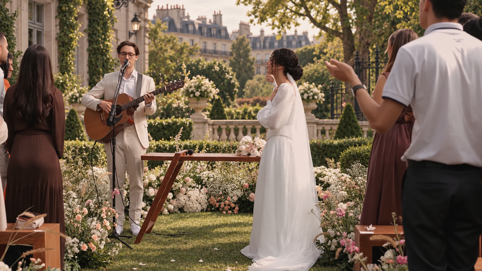 Un mariage en plein air avec une mariée en robe blanche et un musicien jouant de la guitare, entourés d'invités, dans un jardin fleuri à Paris avec des bâtiments élégants en arrière-plan.